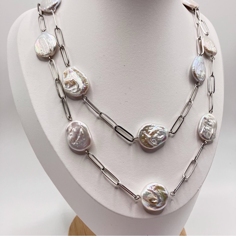 Large Keishi Freshwater Coin Pearl Station Necklace in Stainless Steel